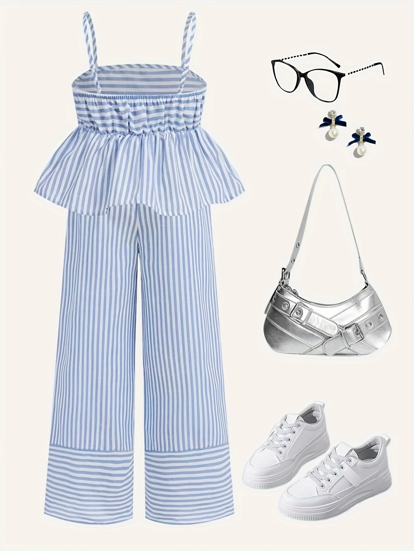 Girls' Casual Blue Striped Camisole and Wide-Leg Pants Set, Loose-Fitting Top and Comfortable Pants, Fresh Colors, Versatile, Suitable for 5-13 Year Old Children, Home and Outdoor Wear