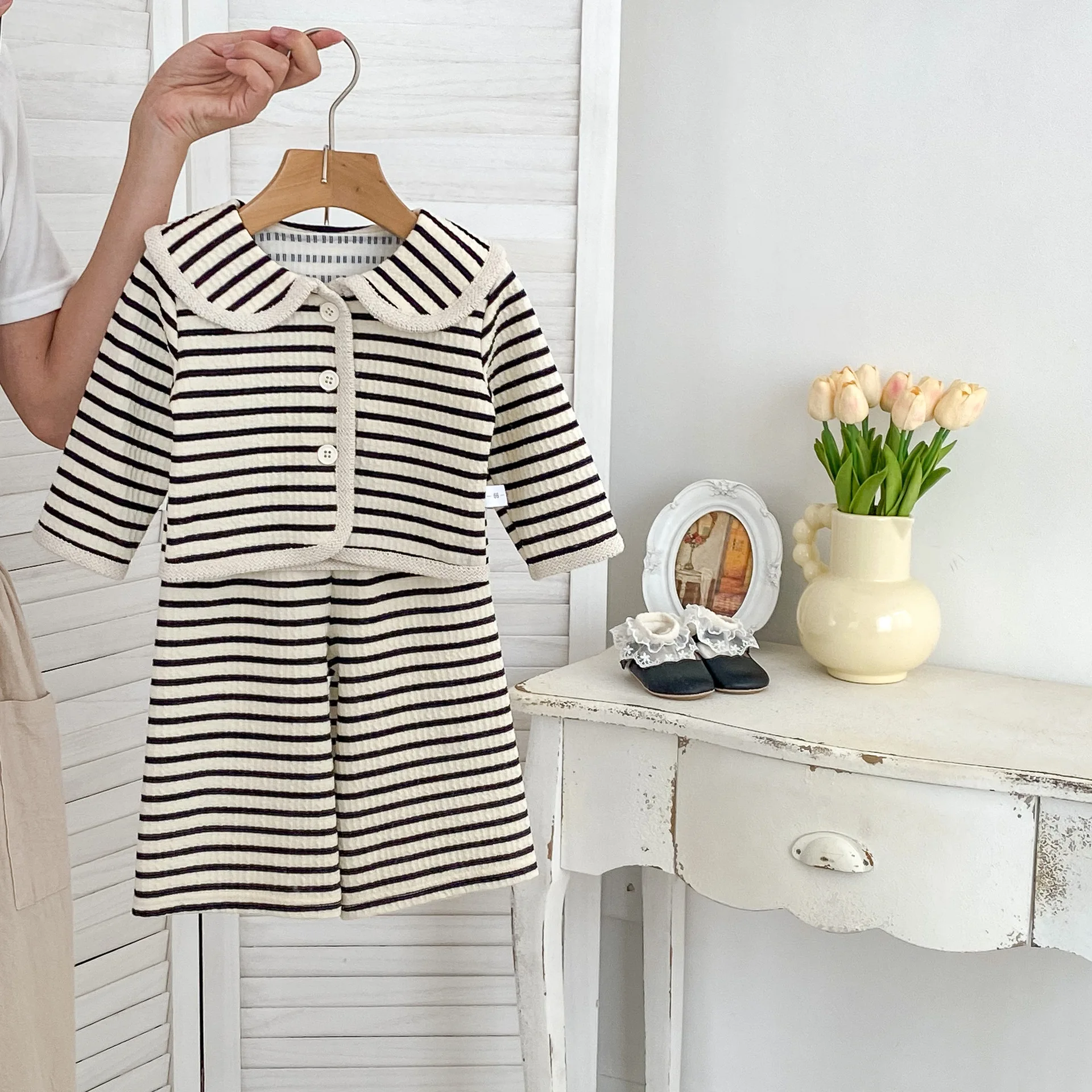 2025 ربيع الفتيات مخطط مجموعة بسيطة التلبيب كم طويل سترة علوية عادية بنطال ذو قصة أرجل واسعة قطعتين مجموعة 73-120 سنتيمتر #5