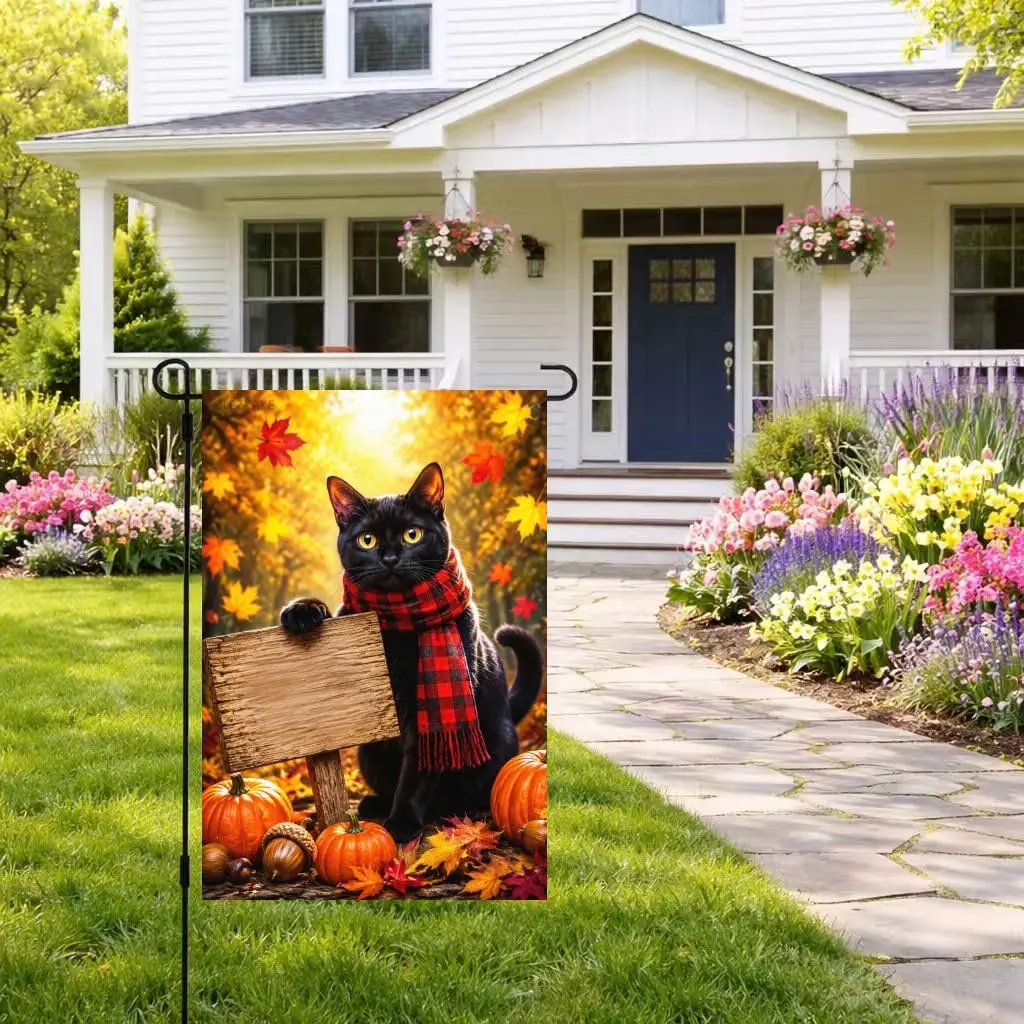Black Cat Garden Flag 12x18 Inch Linen Double Sided Fall Welcome Flag with Black Cat Pumpkin and Autumn Leaves Outdoor Decor aaz
