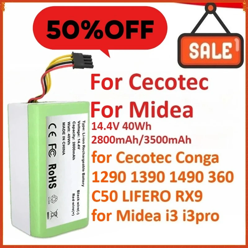 

14.4V 2800mAh/3500mAh Vacuum Cleaner Battery For Cecotec Conga 1290 1390 1490 360 C50 LIFERO RX9 For Midea i3 i3pro