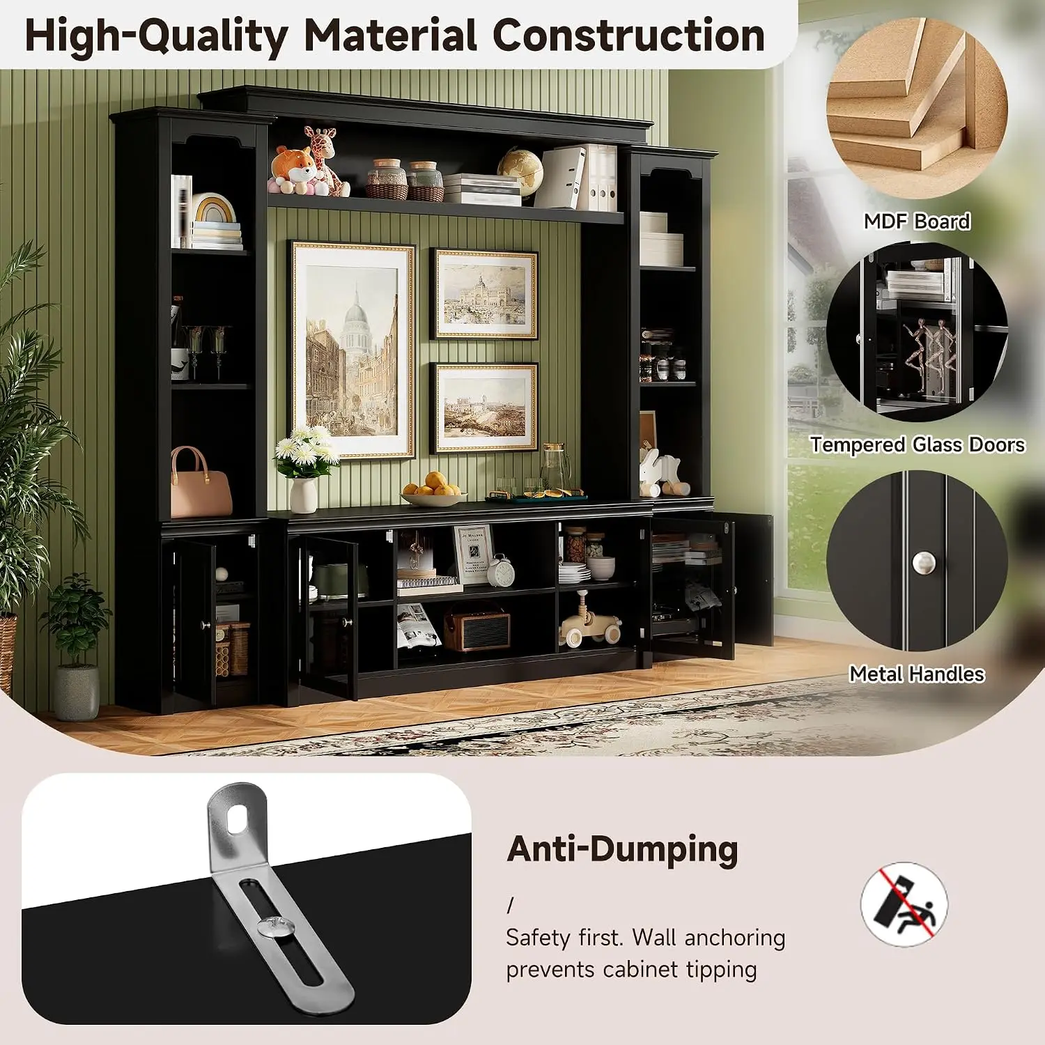 Modern TV Stand with Glass Doors & 4 Adjustable Shelves, Bookshelves Display Cabinet for Living Room, Black, Customized