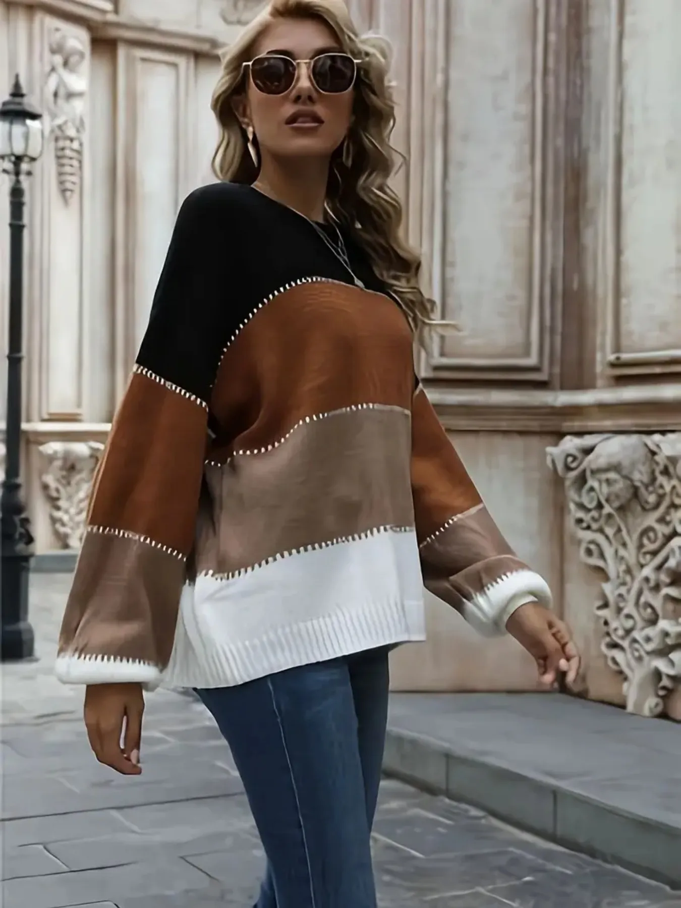 

Женский повседневный свитер, вязаный пуловер с длинными рукавами и круглым вырезом, осенний топ, пальто, круглый вырез.