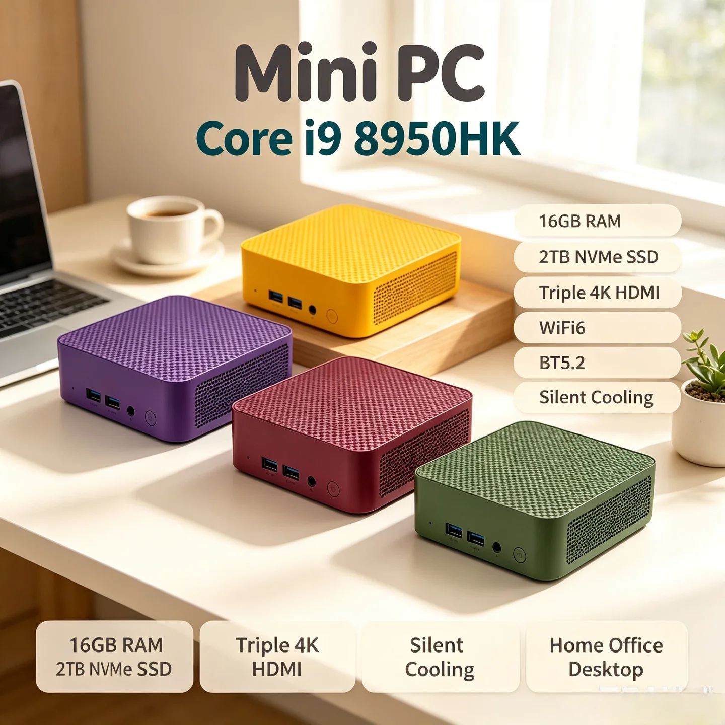 High Performance Mini PC Intel Core i9 8950HK 16GB RAM 2TB NVMe SSD Triple 4K Screen WiFi6 Silent Cooling Office Computer