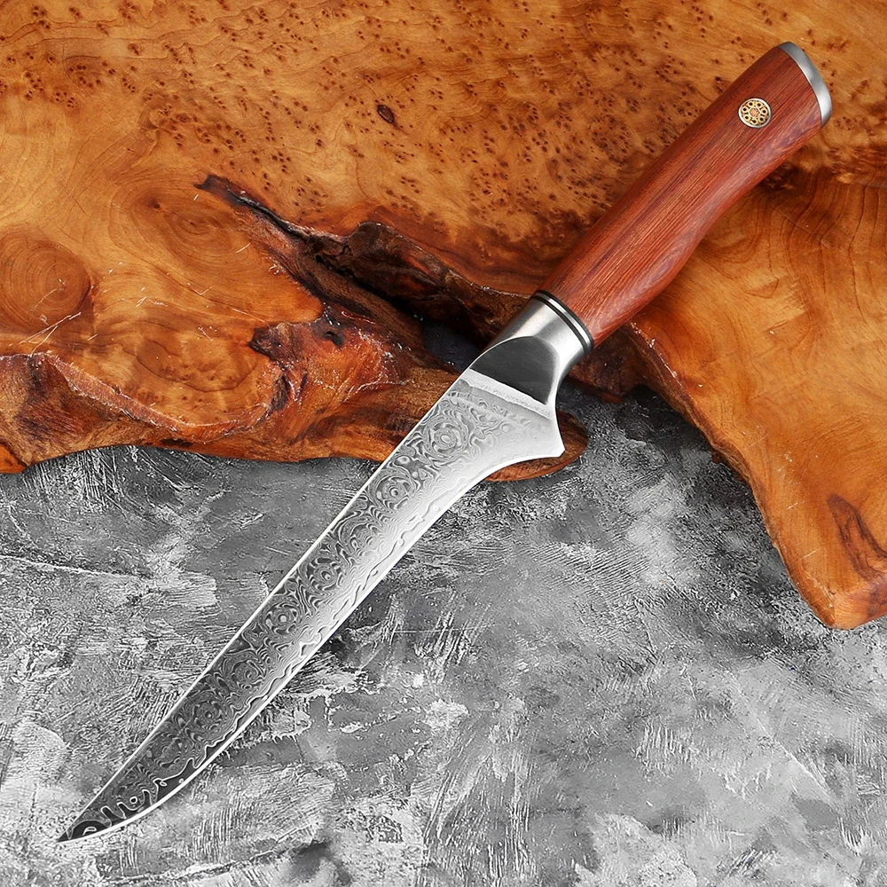 

6 Inch Damascus Boning Knife,Japan VG10 Damascus Steel,Rosewood Handle, Razor Sharp Kitchen Fillet Knife, Meat Cutting,Trimming