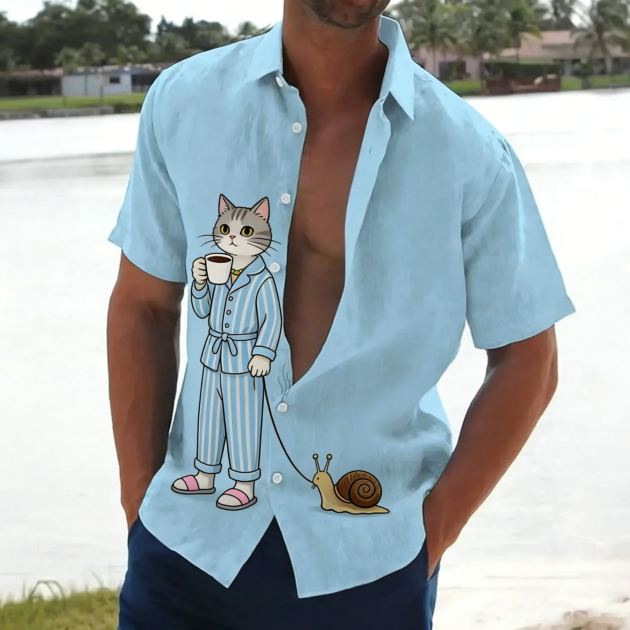 

Men's Light Blue Cartoon Print Short Sleeve Shirt, Funny Pajama Cat Design Button Down for Spring Summer Casual