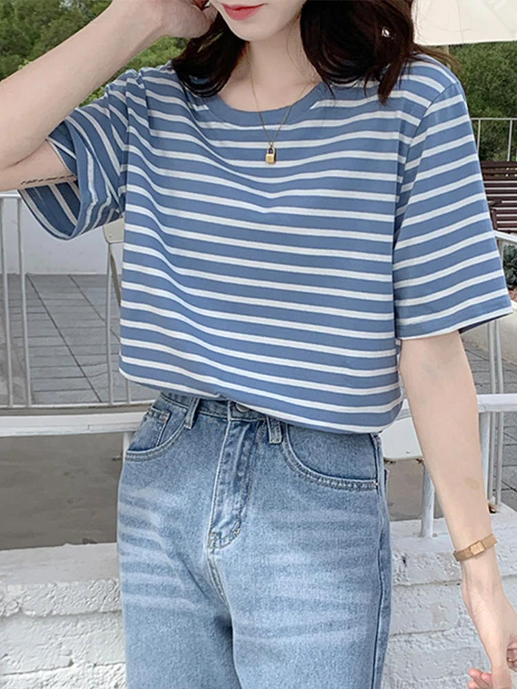 Summer Women Striped Tshirt Tops 2024 Long Sleeve O-Neck T-Shirts Fashion Korean Casual Cotton Loose Tees Femme Top