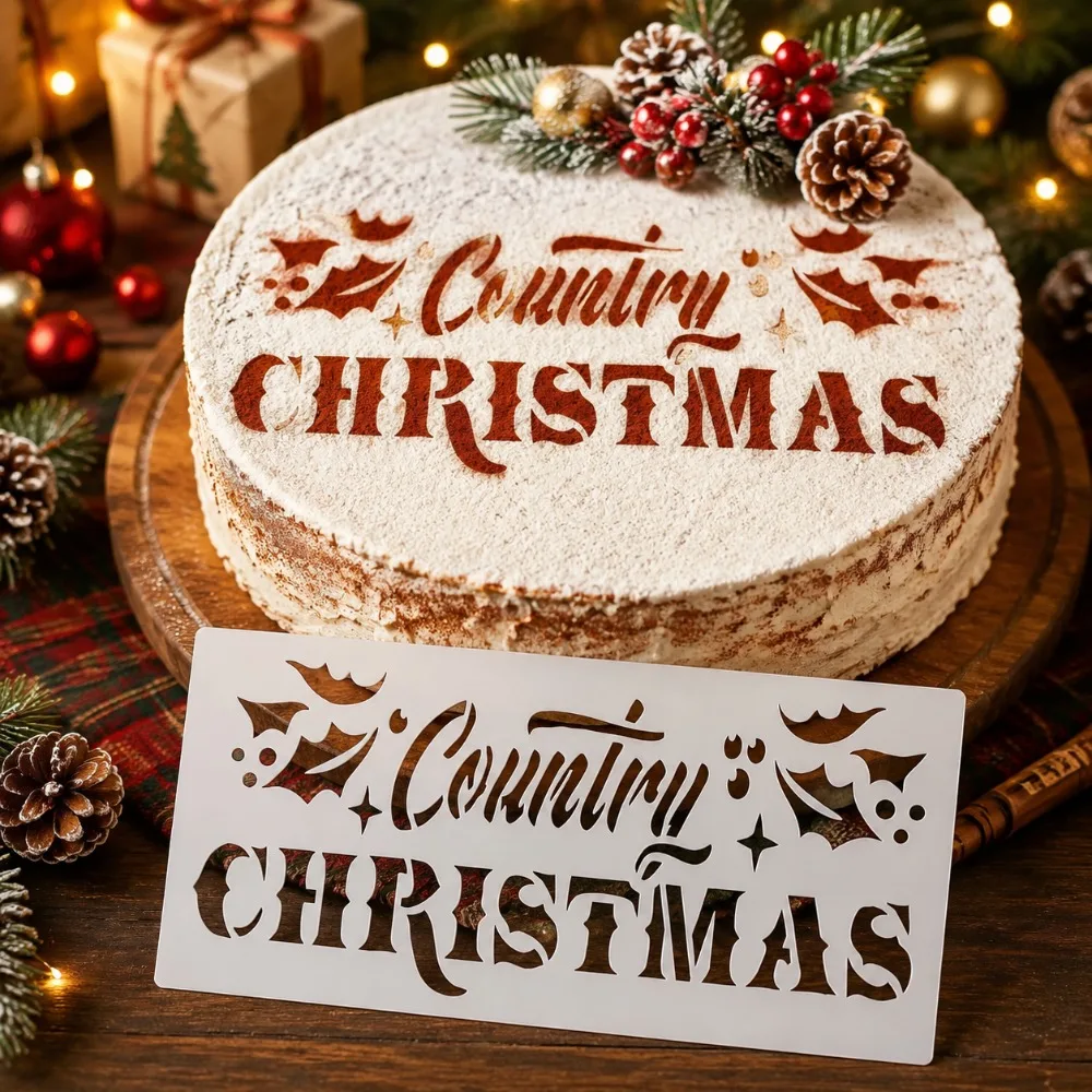 Country Christmas Text Cake Top Stencil, Food‑Safe PET Reusable Hollow‑Out Baking Decor Template