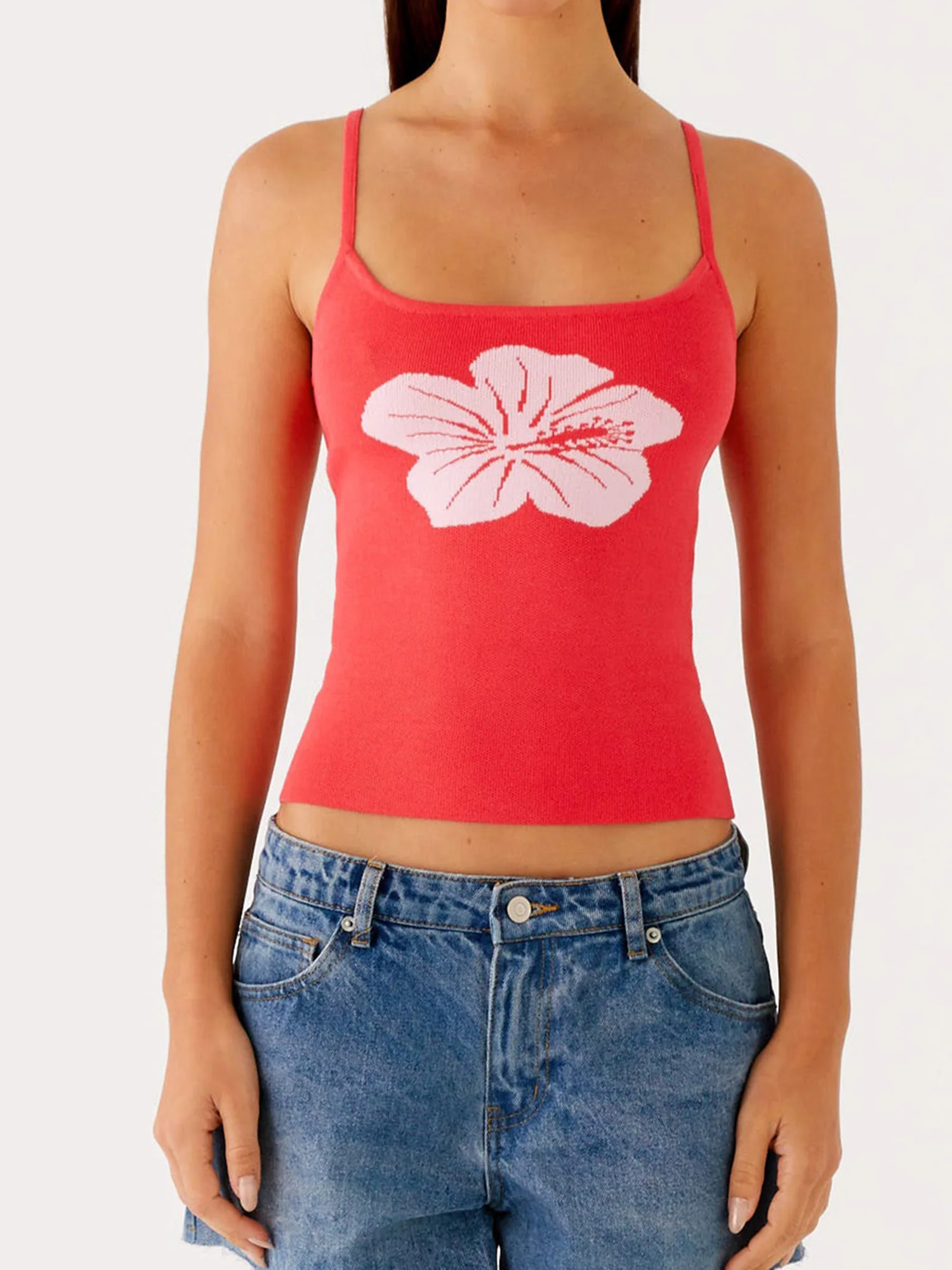 Canotta da donna in maglia senza maniche con spalline e vestibilità con stampa floreale - Elegante canotta corta estiva