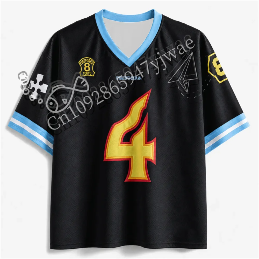 Camiseta de fútbol de la serie de anime Fire Force, con el personaje Shinra Kusakabe, cuello en V, estilo moderno, para uso urbano y deportivo, camiseta para aficionados, ideal para el verano, para hombres y mujeres.
