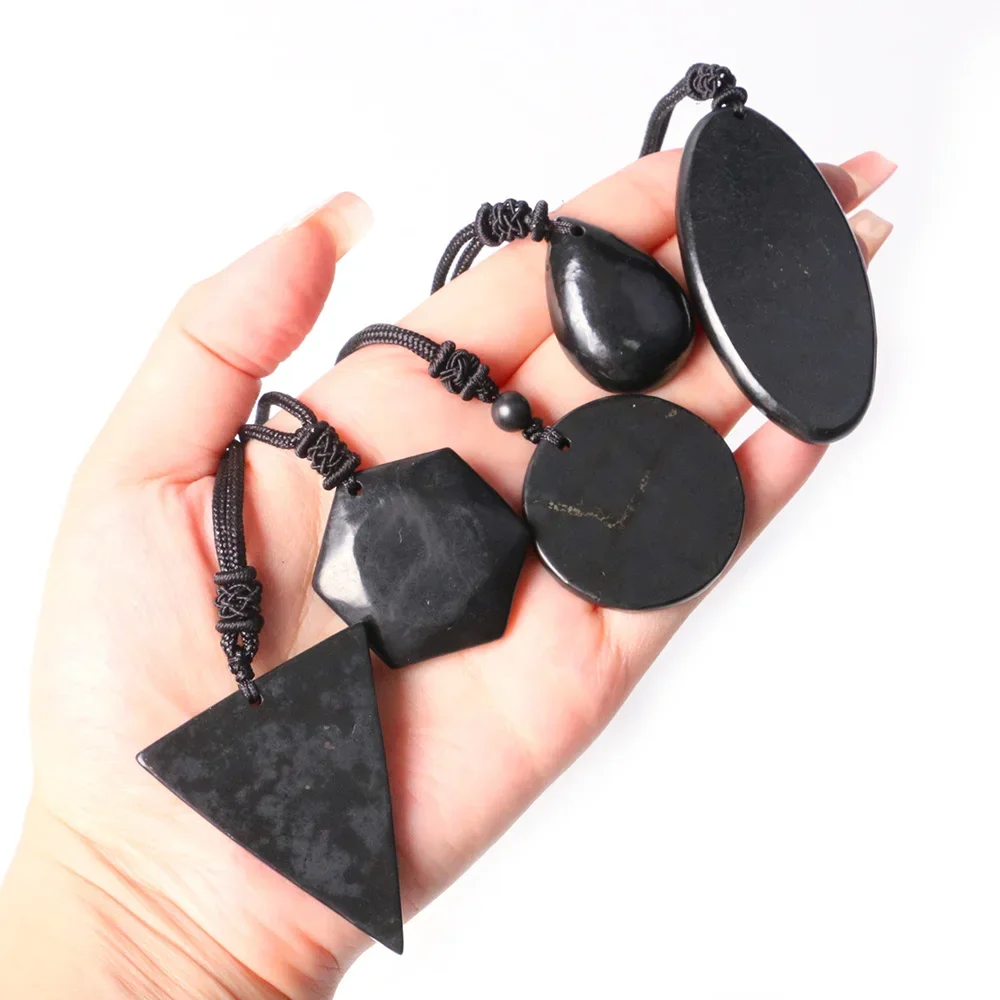 

Natural Black Shungite Necklace Triangle Oval Round Water-Drop Hexagonal Shaped Pendants Reiki Crystals Energy Healing Gemstones