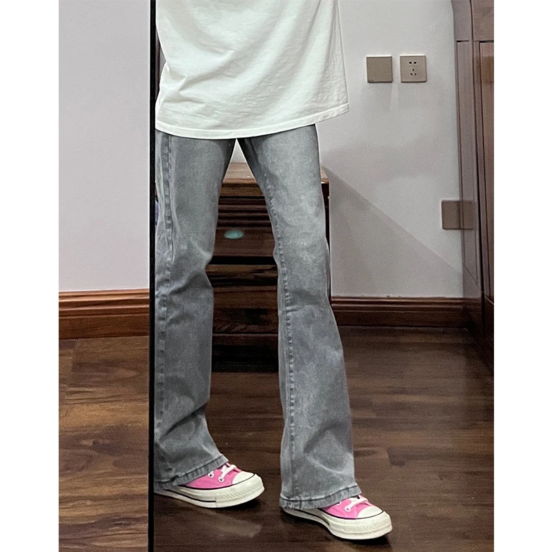 

Slim Fit Straight Leg Jeans Men's Summer Thin High Waist Elastic Cement e ey American Vibe Bell Bot Long Pants