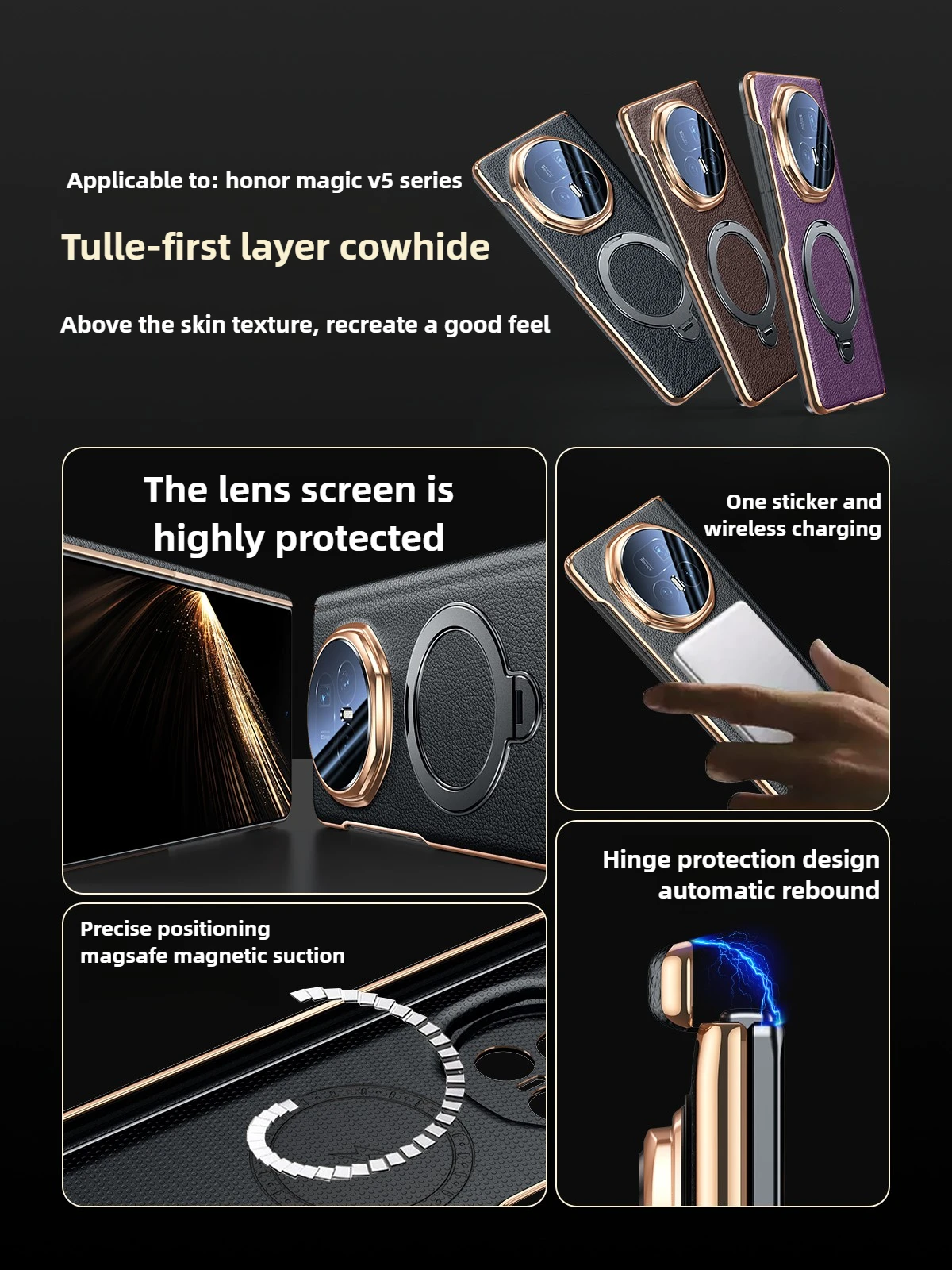 

[Center shaft hinge protection] for Honor Magic V6 Case New Genuine leather with magnetic suction360°rotating bracket back cover