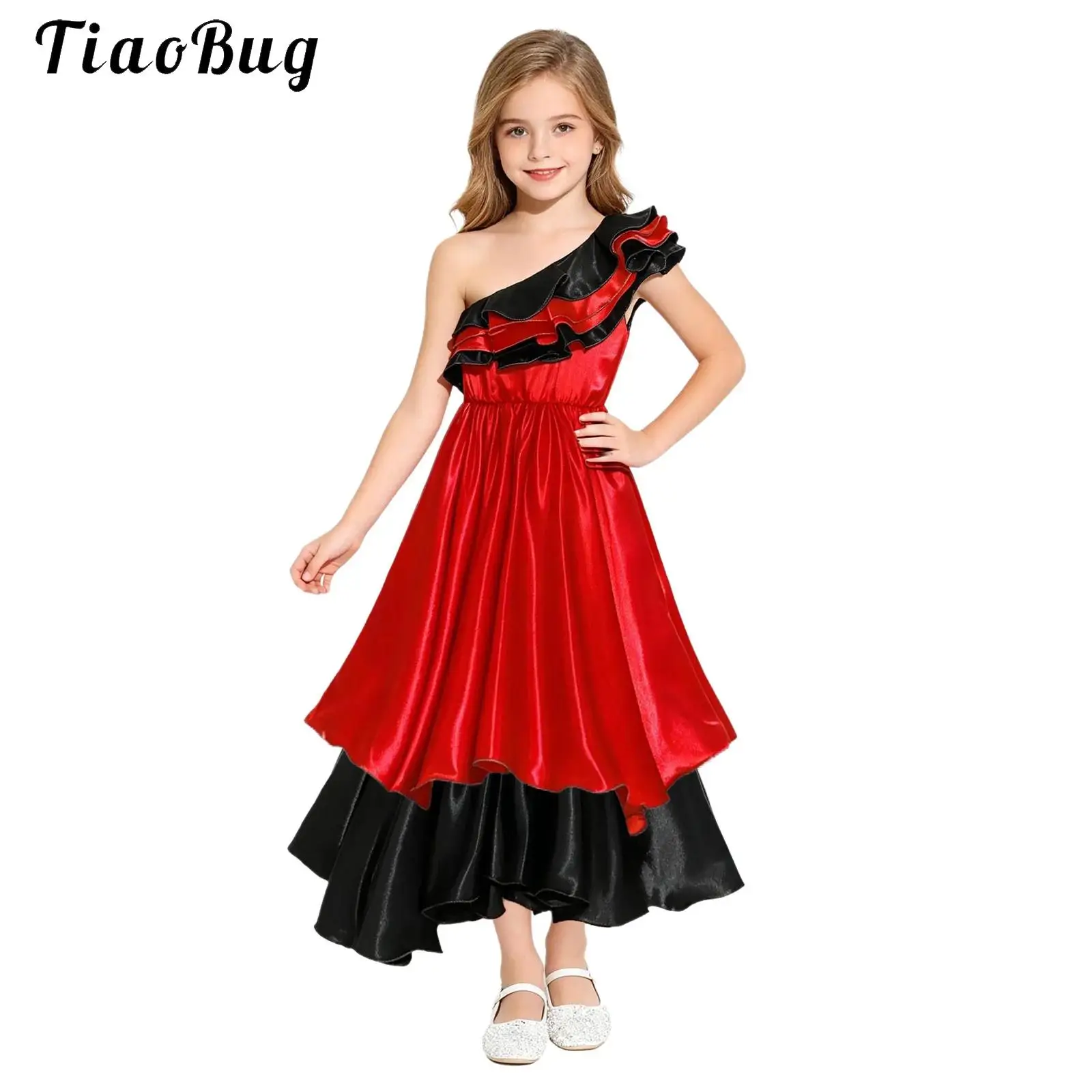 Traje de Baile Flamenco Español para Niñas, Estilo Étnico Brasileño, Vestido de Halloween con Volantes de un Solo Hombro para Rumba y Samba