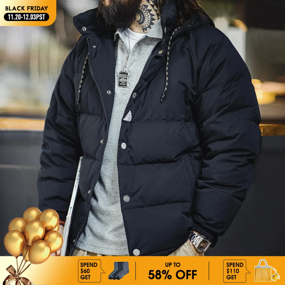

Maden Men's Winter Thickened Down Jacket 90 White Duck Down Navy Blue Hooded Short TOP Male Warm Coat Vintage clothing