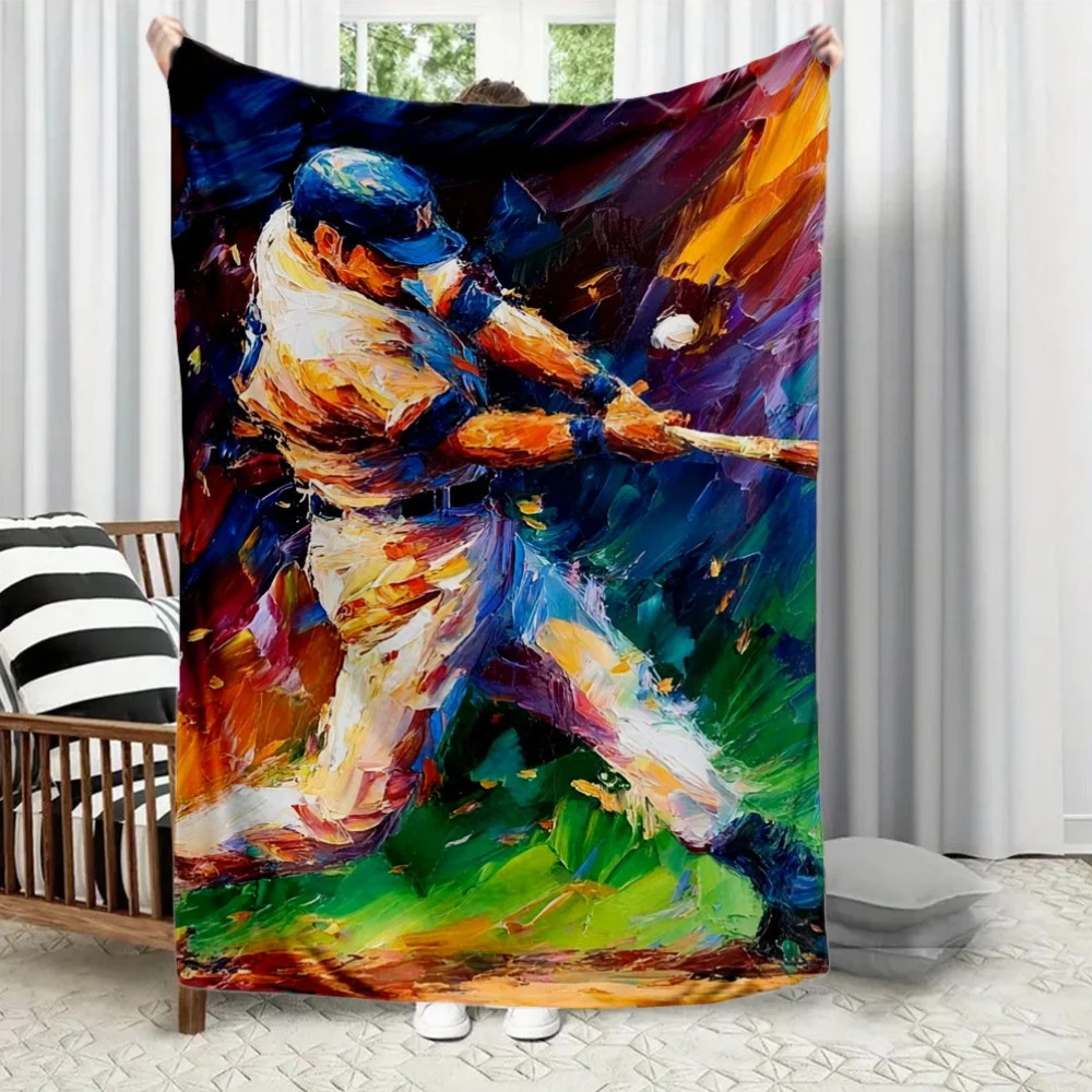 Baseball-themed oil painting style Flannel printed blanket suitable for all seasons suitable for living room office sofa travel