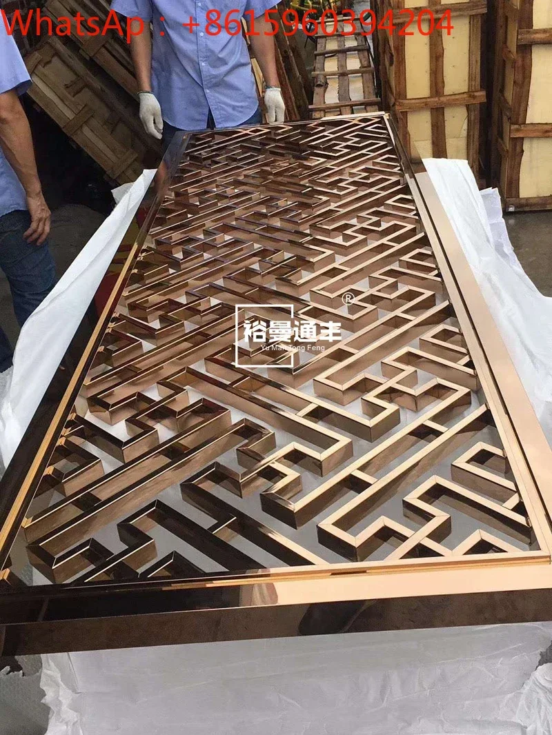 Custom living room porch stainless steel screen metal grille background wall checkered light luxury new Chinese style