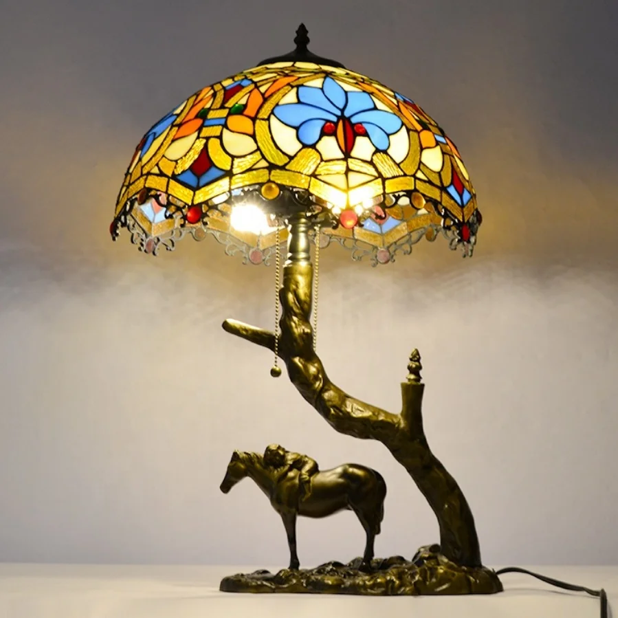 16-inch AC LED Mediterranean style dome eco-friendly desk lamp E26/E27 socket, colored glass lampshade, antique-style lantern