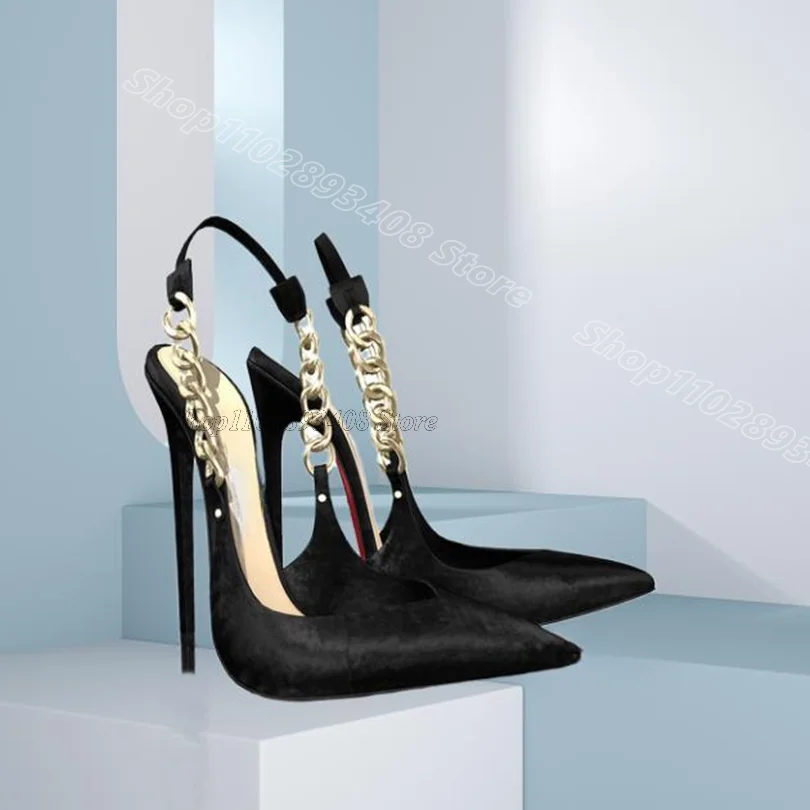 

Black Chain Decor Stiletto Sandals Slip on Solid Summer British Style Design for Women Dress Sandals 2025 Zapatos Para Mujere