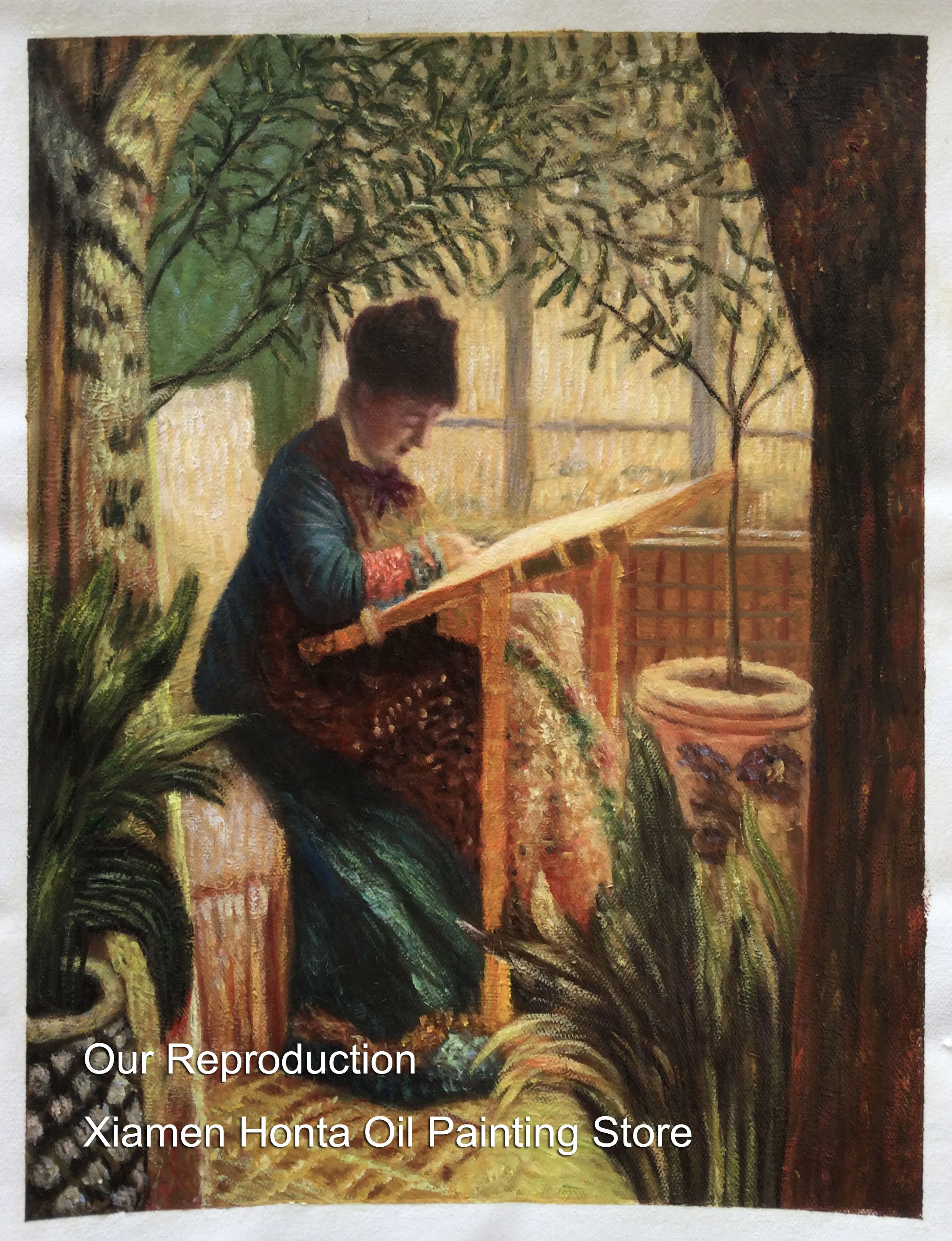 Oil Painting Reproduction on linen canvas,Camille embroidering by claude monet ,100% handmade,free fast shipping,museum quali