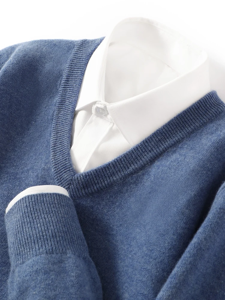 2025 Autumn Winter Men Wool Sweater Simple Comfort Pullover V-neck Long Sleeve Casual Jumper Pure Wool Knit Shirt