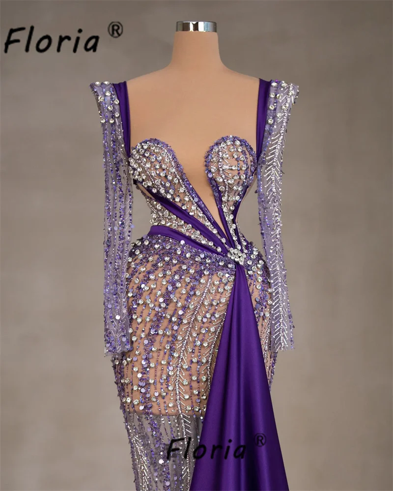 Luxury Crystals Beaded Dubai Evening Dress Long Sleeves Side Tail Purple Formal Occasion Dress vestidos para eventos especiales