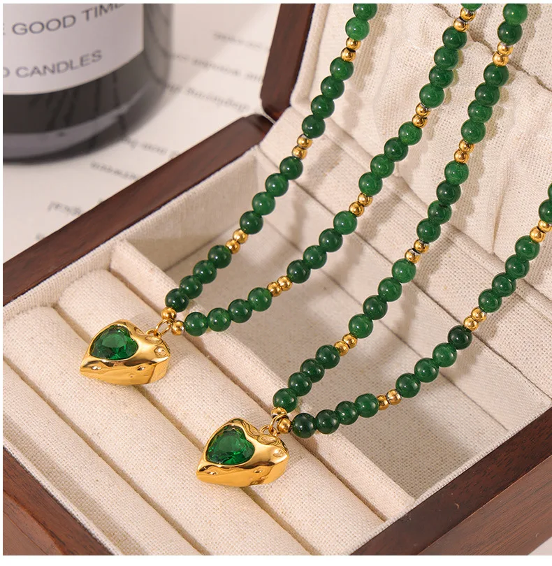 Natürliche Grüne Achat-Perlenkette Halskette für Damen Luxuriöser Zirkon-Herzanhänger Vintage-Halskette Accessoires Edelstahl-Schmuck – Detail 6