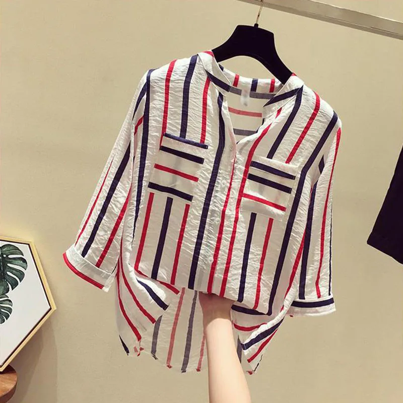 Summer Shirt Women 2024 New Vertical Striped Loose Cropped Sleeve Shirt V-Neck Outerwear Fashion Single-Breasted Tops Female