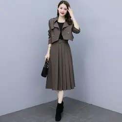 Women's Spring Autumn New Chic Short Suit Jacket Matching Set Korean Elegant Blazers Pleated Mid Skirt Two Piece Female Clothing