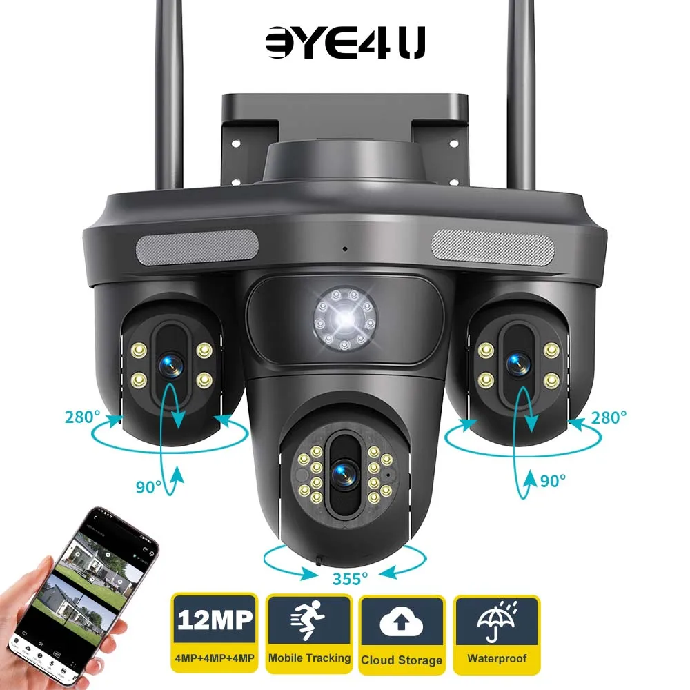 6K 12MP IP Camera WiFi Triple Lens 10X Zoom Three Screens Outdoor PTZ Camera Motion Detection Security Video Surveillance Camera