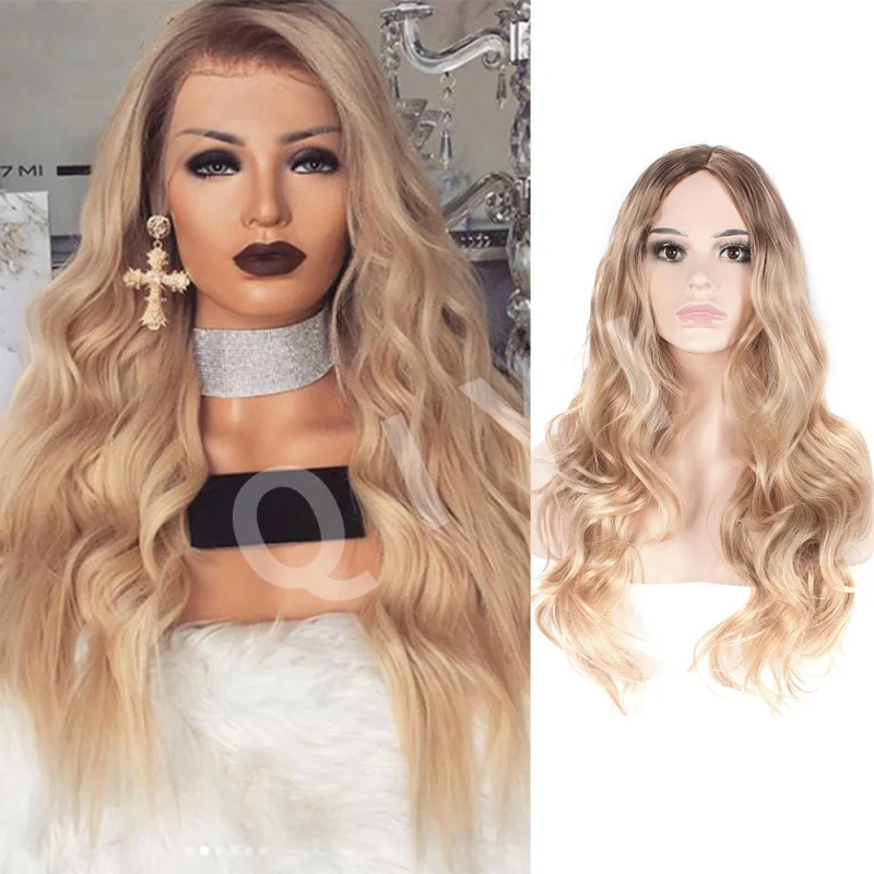 

New European and American Style Gradient Yellow to Light Brown Women's Middle Part Long Curly Big Wave Wig