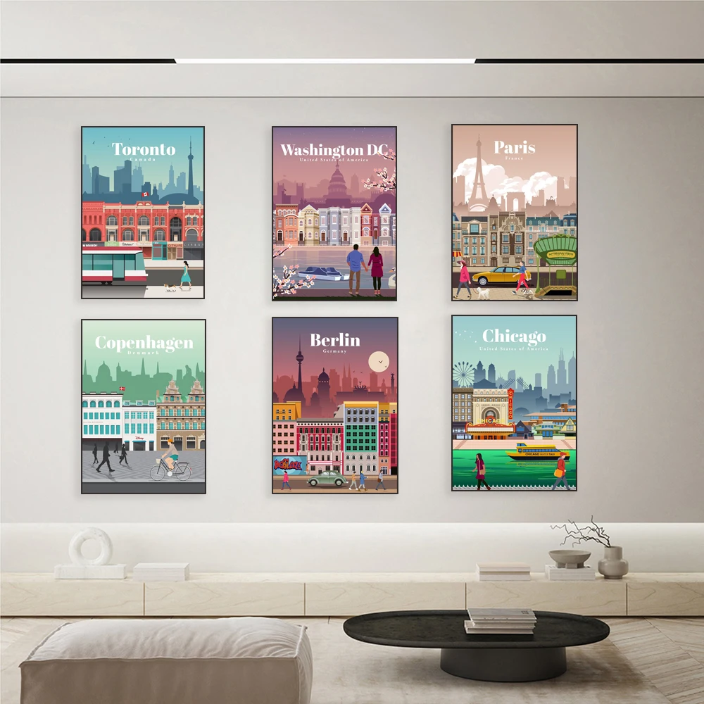 Travel posters for Havana, Venice, Toronto, Copenhagen, London, Amsterdam, Washington DC, Chicago, Hamburg, Leipzig, Seychelles