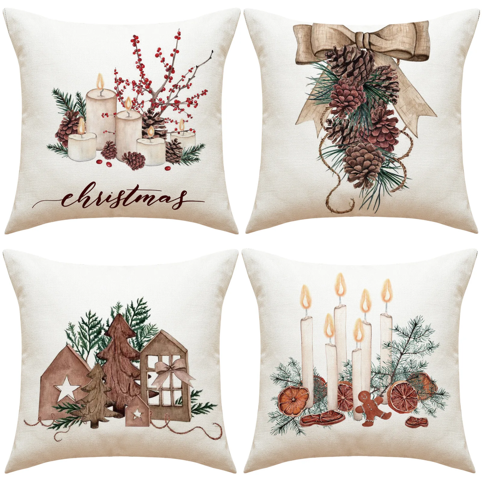 Christmas Pillow Cover Pinecone Candlestick Linen Print Pillowcase for Sofa Livingroom Bedroom Cushion Cover Home Decor Navidad