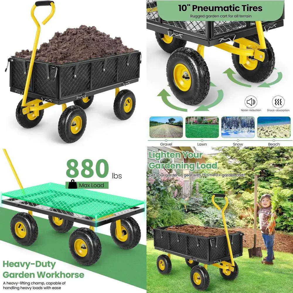 

MAX 880 Lbs Garden Cart, Heavy Duty Foldable Mesh Steel Garden Wagon with 180° Rotating Handle and 10 Inch Tires, Pullable Yard