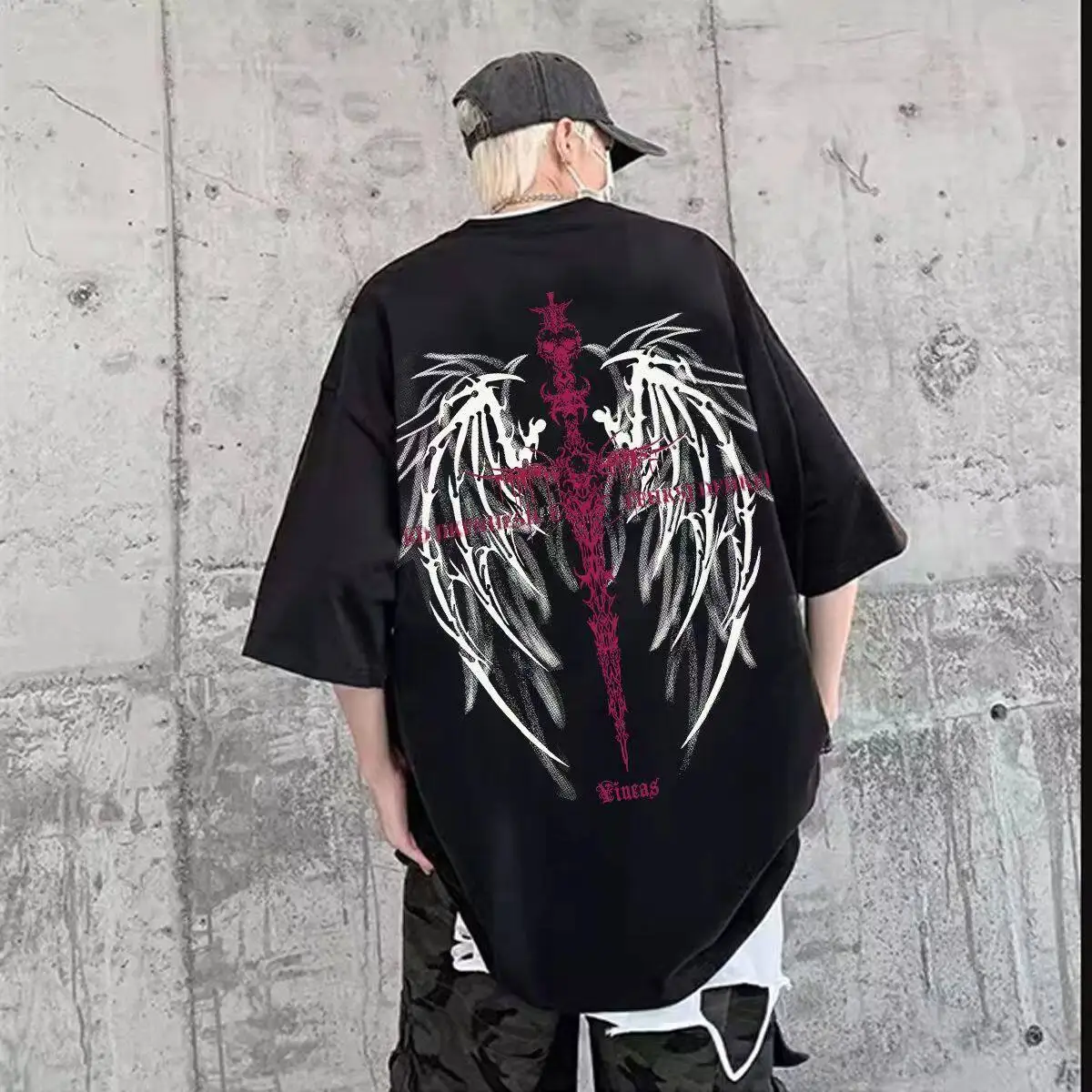 100% Pure Cotton American Style High Street oversize Cross Wings Printed Short Sleeve T-shirt Men's Summer Fashion Brand