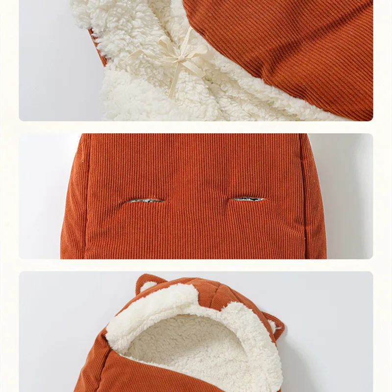 秋冬用厚手暖かいベビーフード付き寝袋ラムウール新生児用おくるみラップ外出用ベビーベッドカーシートブランケット