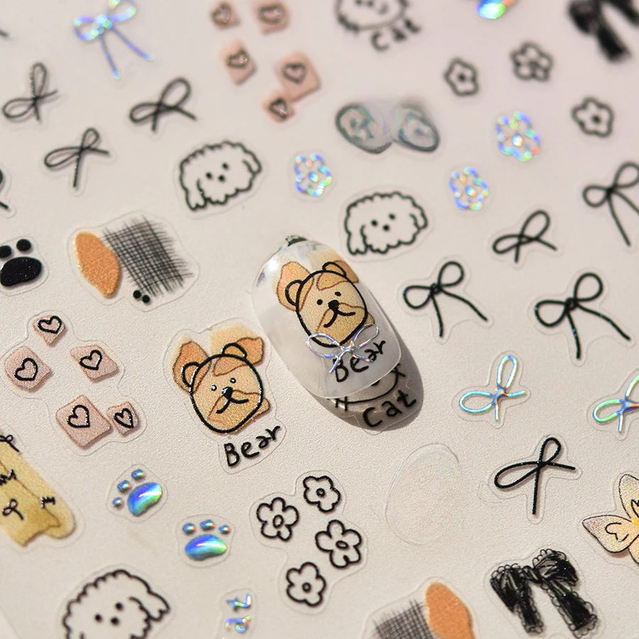 Laser Childish Funny Graffiti Bow Cat Paw Dog Bear Adhesive Nail Art Stickers Decals Manicure Slice Ornaments Accessories