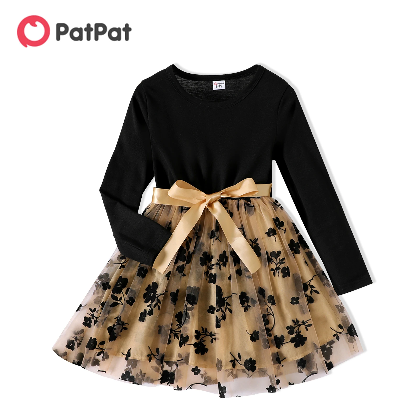 

PatPat Kid Girl Dresses Floral Embroidered Belted Mesh Splice Long-sleeve Dress Kids Clothes