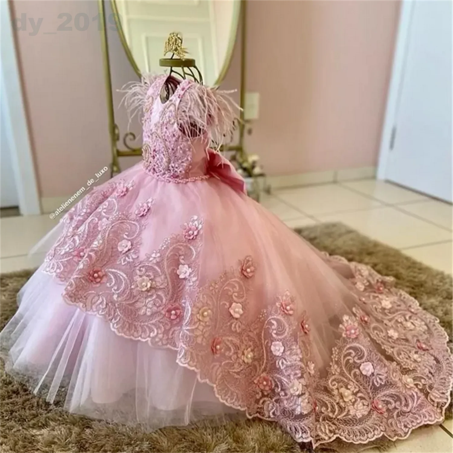 Rosa princesa pena vestidos da menina de flor frisado babados jóia pescoço gilrs pageant vestido crianças pequenas primeira comunhão vestido