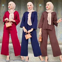 Two Piece Women Set Split Blouse Wide Leg Pants Suit Ramadan Morocco Dubai Islam Casual Ensemble Femme Musulmane Arabic Outfits