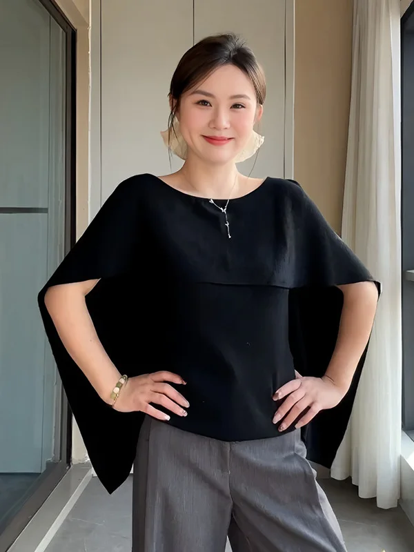 plus Size Black Knitted Cape Shoulder for Women Spring Summer New Style Fat MM Meat Covering Slimming Personality Top