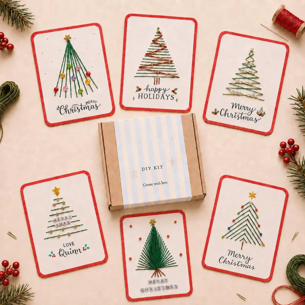 Christmas Happy DIY Set, a Set for Sewing Greeting Cards by Hand, including Marking Sewing Points, Colored Thread and Beads