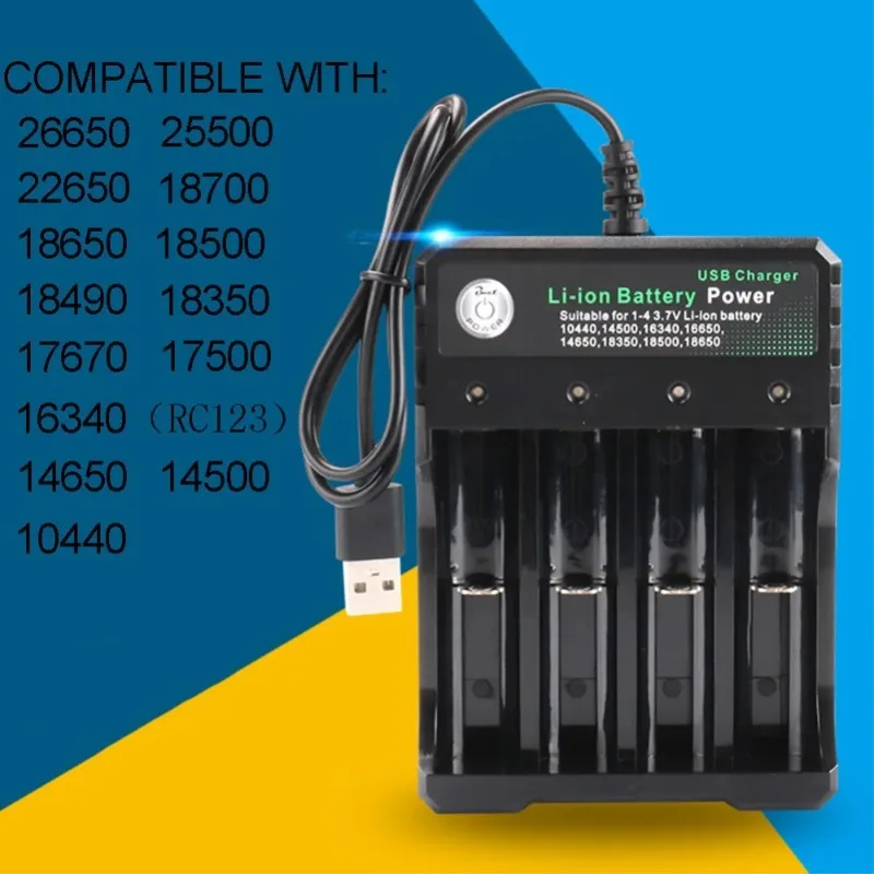 Carregador USB de 4 Slots para Baterias de Íon de Lítio 3.7V, Carregamento Independente, Carregador Portátil Compatível com Baterias 18650, 14500, 16340, 26650