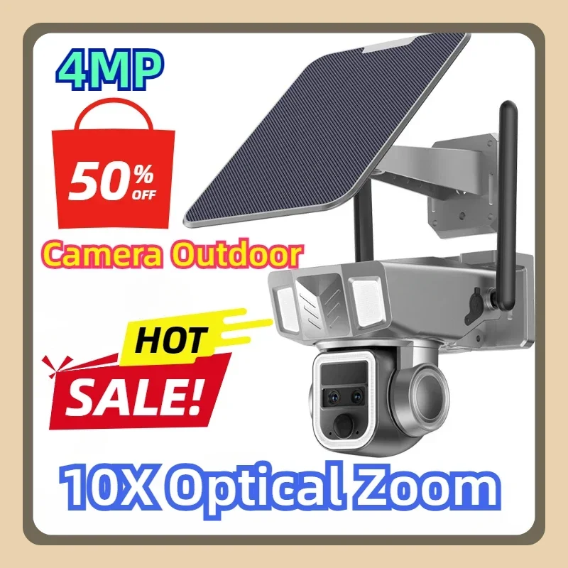 Wireless Security CCTV 10X Optical Zoom 2K Color Night Vision Two Way Audio Dual Lens 4G Solar Camera Outdoor 4MP Wifi