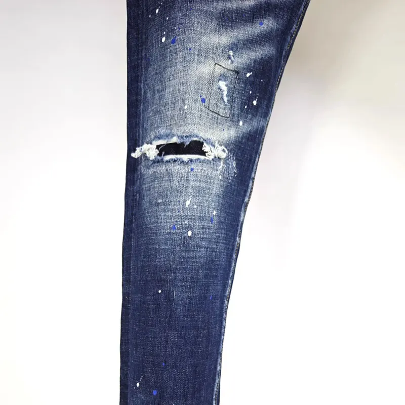 High Street Fashion Blue Jeans Men's Slim Fit Stretch Painted Perforated Washed Hip Hop Designer Brand Stretch Slim Fit Jeans