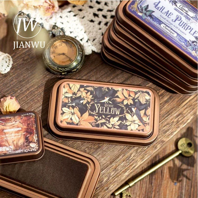 JIANWU Medieval Legend Series Vintage Material Collage Colorful Metal Shell Quick-Drying Ink Pad Creative DIY Journal Stationery