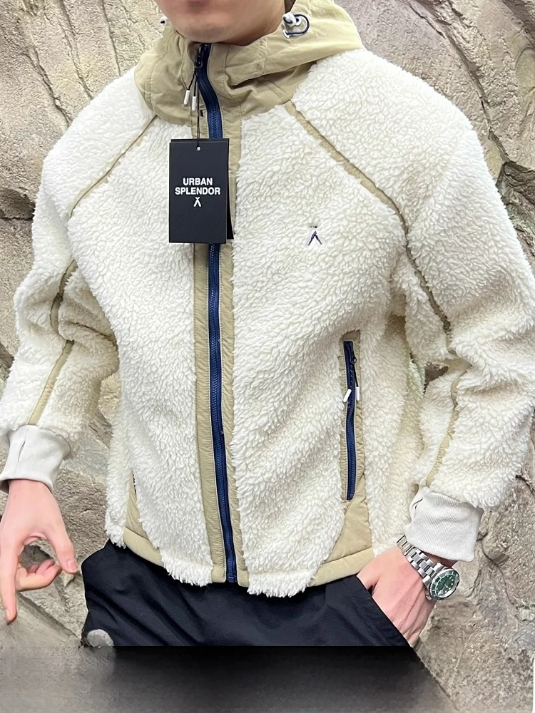 

Thiened Outdoor Casual Sle Hooded Lamb Fur Vest Polyester Fiber Long Sve Zipper Closure Warm Coat for Youth Men And Women