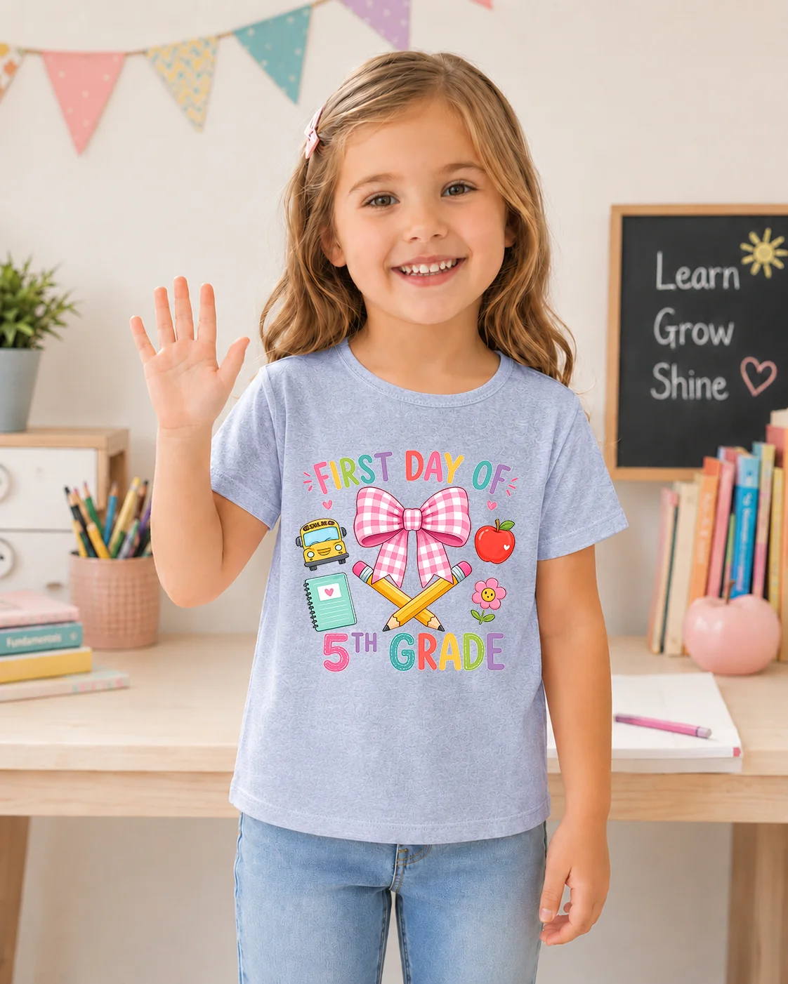 Kids Girls First Day Of 5th Grade T-shirt Cute Bow Pencil Print Short Sleeve Tees Back To School Outfit Children Summer Casual C