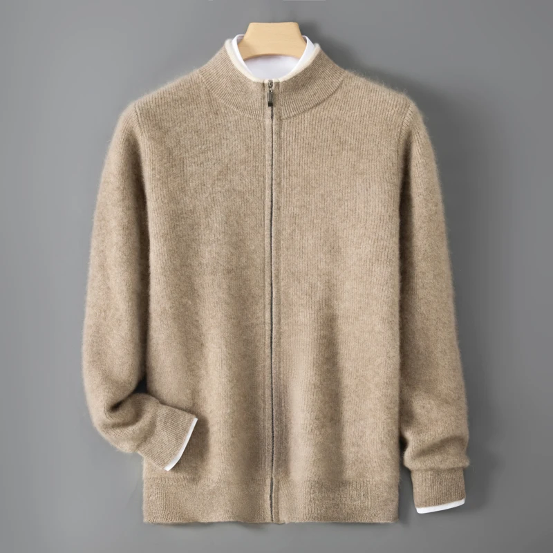 Stand-Up Collar 100% Pure Wool Zip-Up Knitted Cardigan New Autumn And Winter Style Men'S Color-Block Casual Warm Outerwear