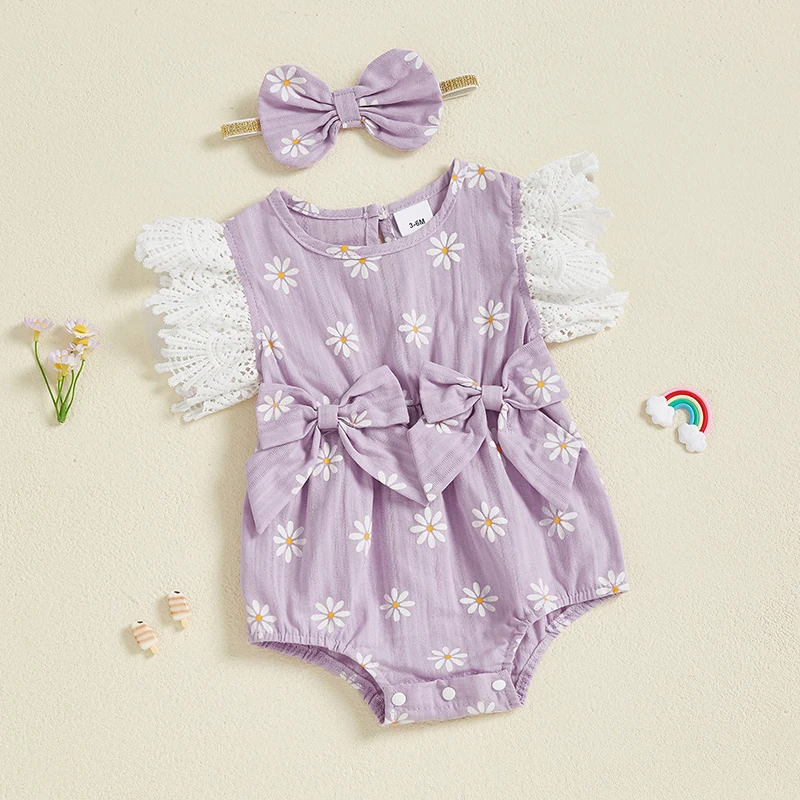 

Toddler Girls Floral Print Romper with Lace Sleeves and Matching Headband - Round Neck Summer Jumpsuit for Baby Girl