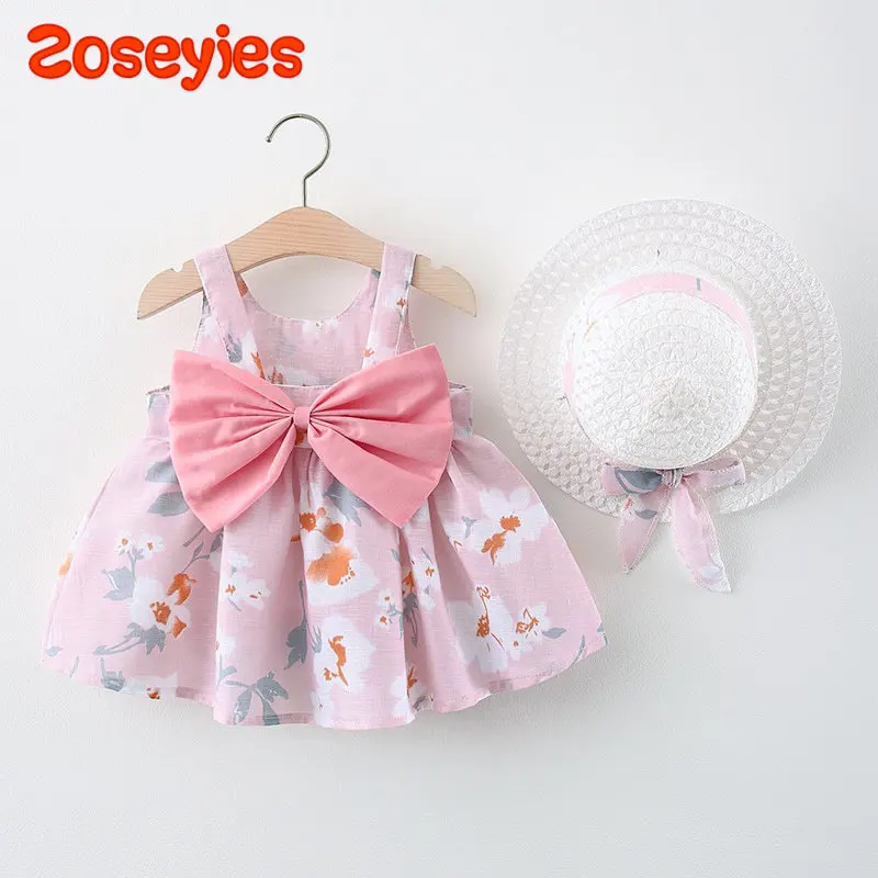 Summer New Baby Girls Dress Halter Bow + Hat Flower Pattern Sweet Princess Dress A-Line Dress Summer Sale